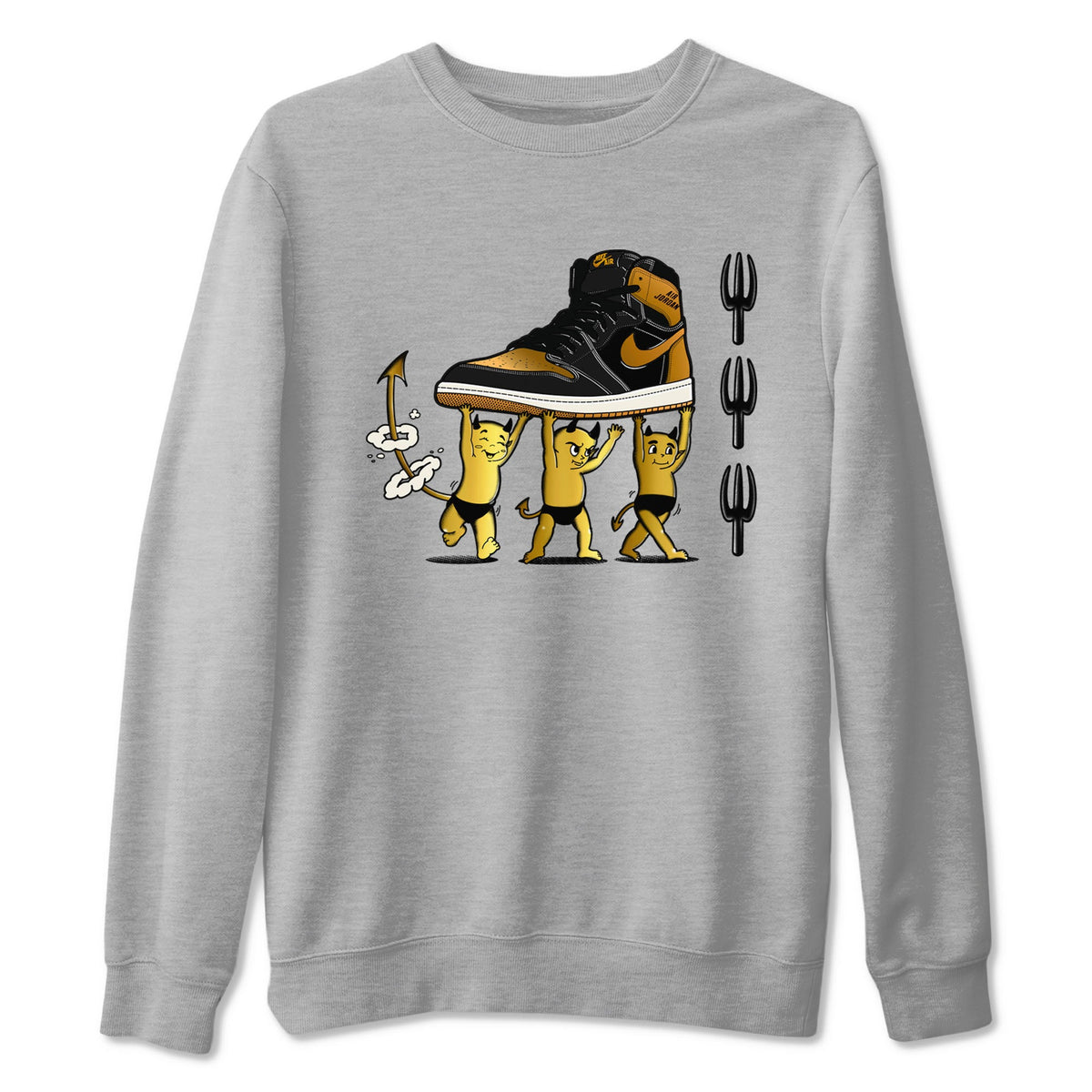 Air Jordan 1 High OG Black Metallic Gold shirts to match jordans Devil Babies sneaker match tees 1s Black Metallic Gold Drip Gear Zone unisex cotton Heather Grey 2 crew neck shirts
