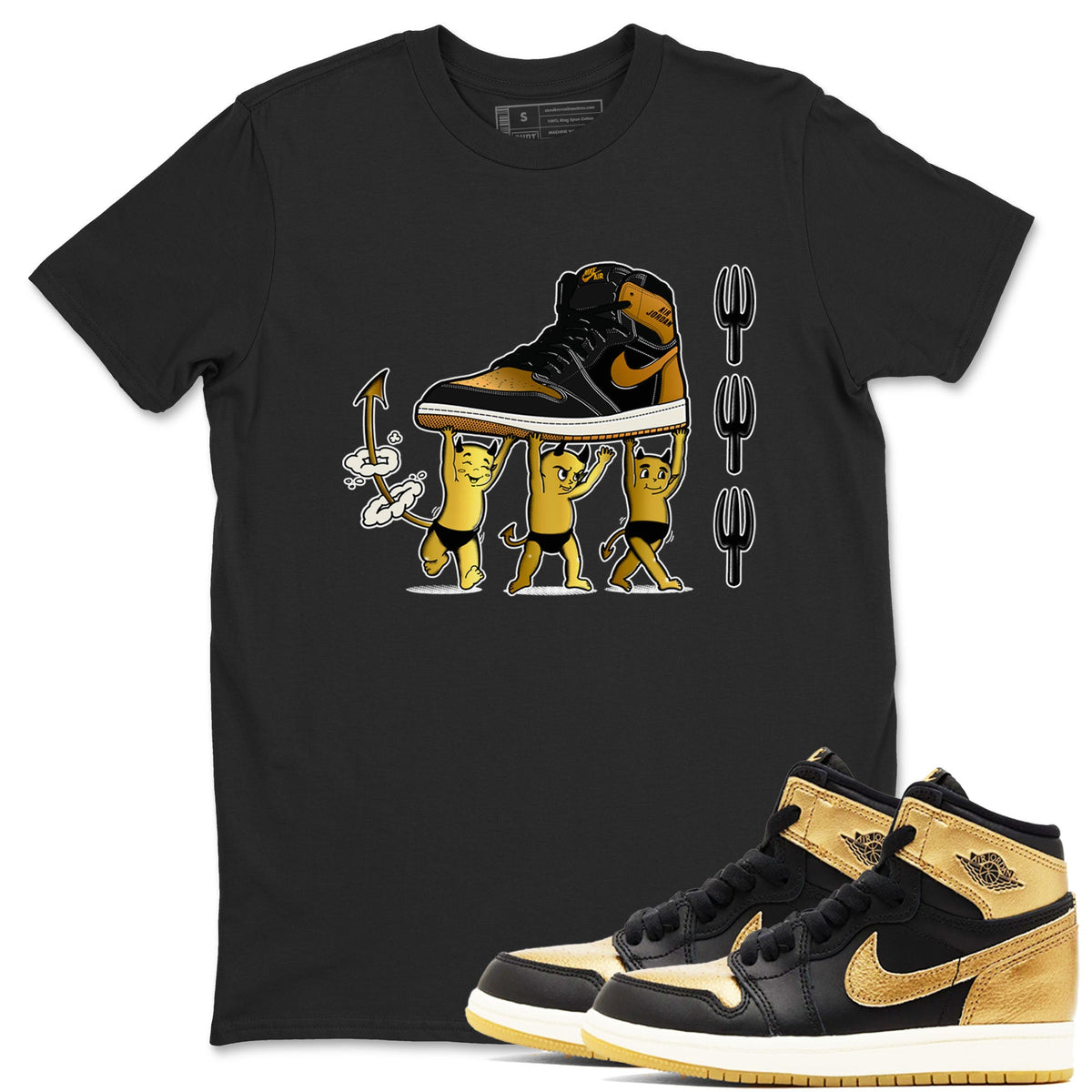 Air Jordan 1 High OG Black Metallic Gold shirts to match jordans Devil Babies sneaker match tees 1s Black Metallic Gold Drip Gear Zone unisex cotton Black 1 crew neck shirts