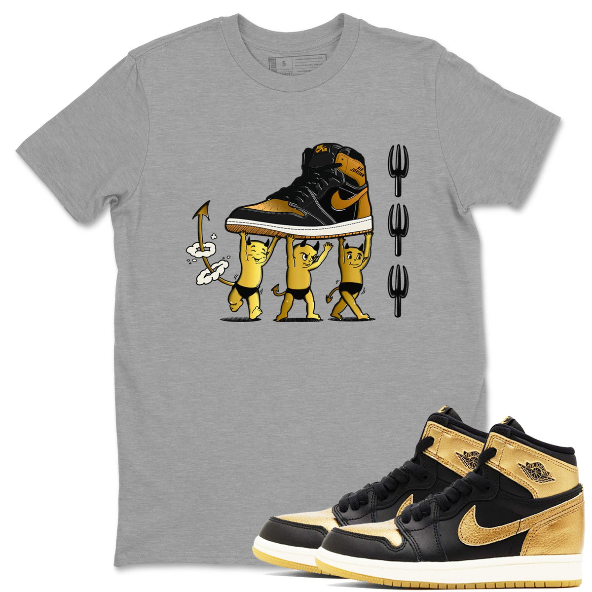 Air Jordan 1 High OG Black Metallic Gold shirts to match jordans Devil Babies sneaker match tees 1s Black Metallic Gold Drip Gear Zone unisex cotton Heather Grey 1 crew neck shirts