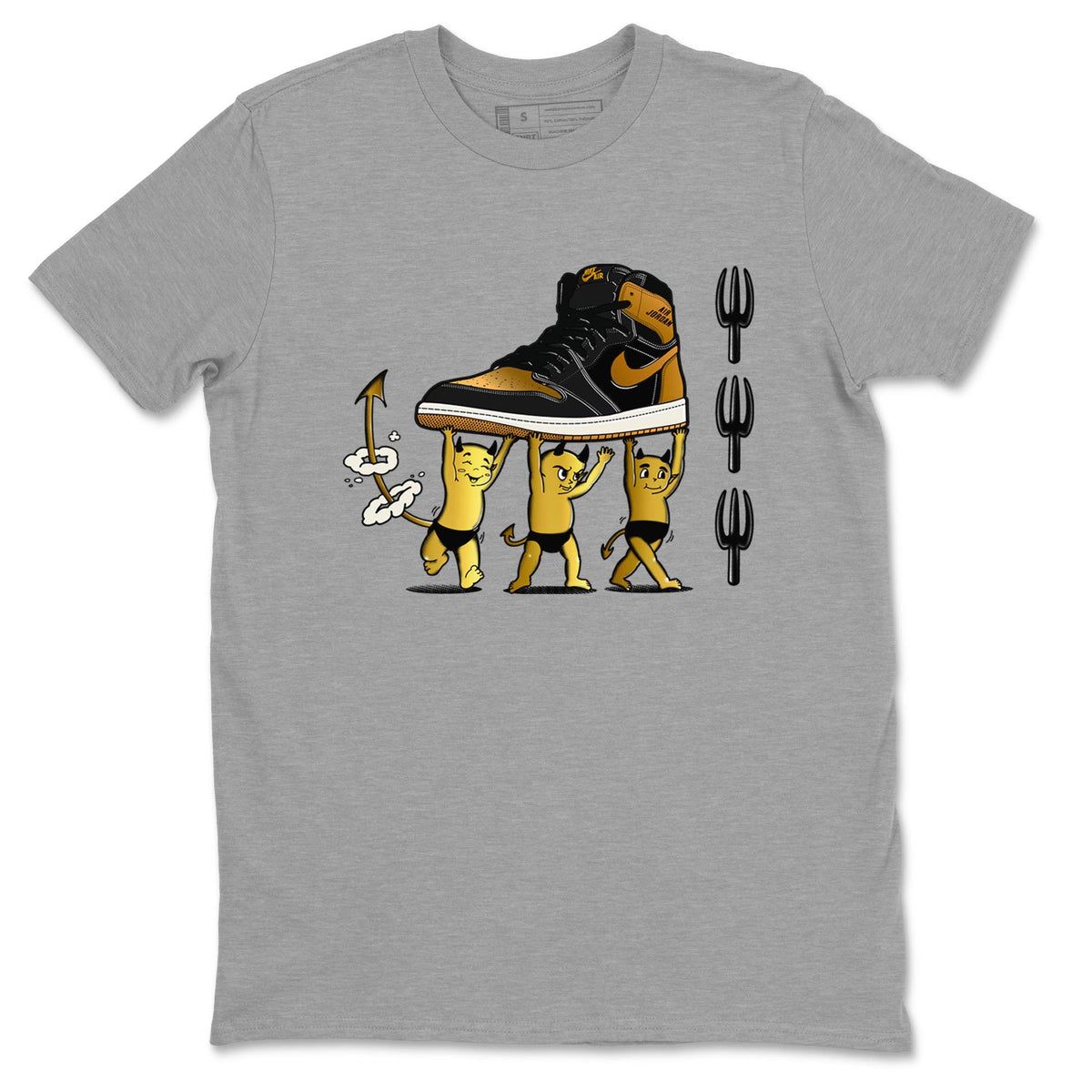 Air Jordan 1 High OG Black Metallic Gold shirts to match jordans Devil Babies sneaker match tees 1s Black Metallic Gold Drip Gear Zone unisex cotton Heather Grey 2 crew neck shirts