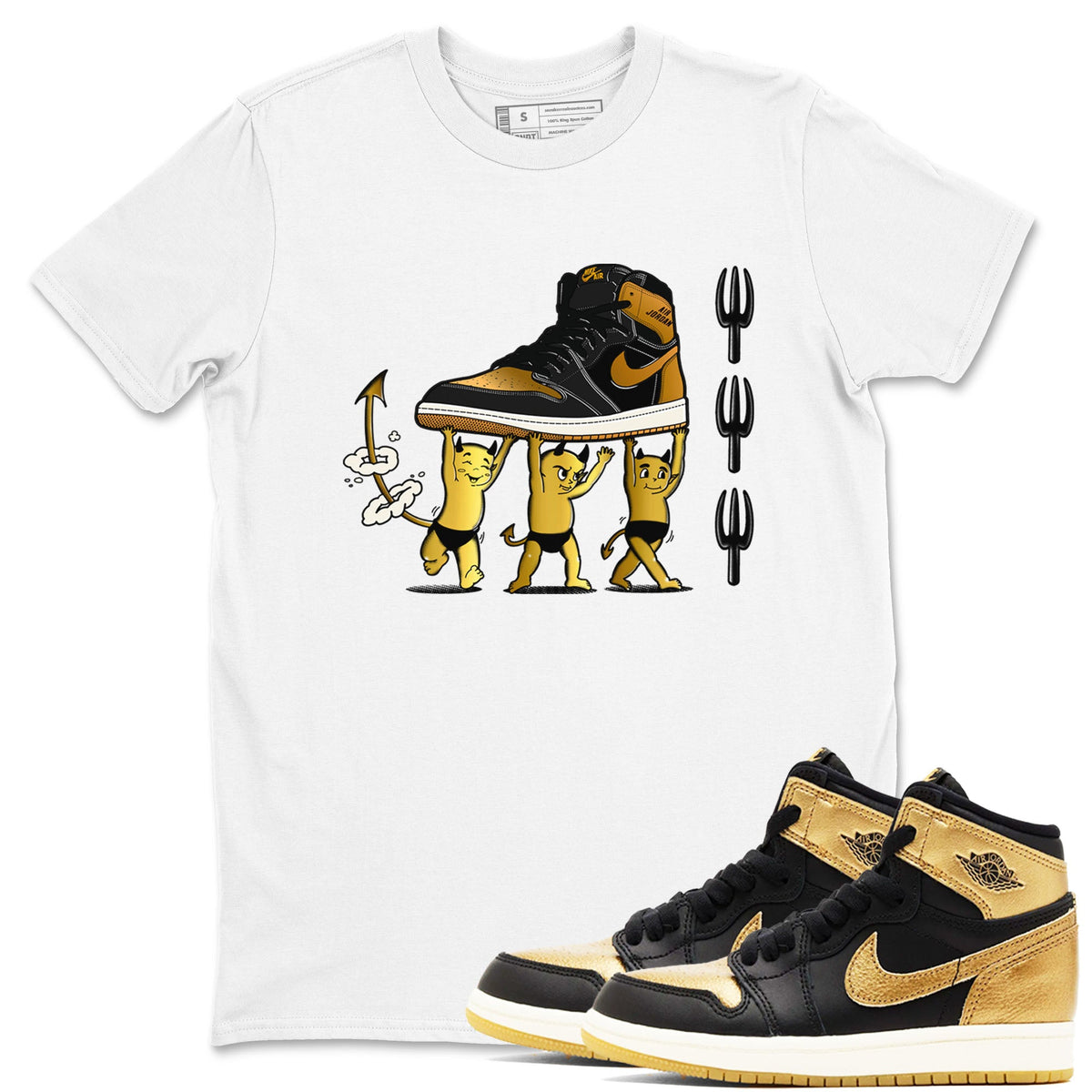 Air Jordan 1 High OG Black Metallic Gold shirts to match jordans Devil Babies sneaker match tees 1s Black Metallic Gold Drip Gear Zone unisex cotton White 1 crew neck shirts