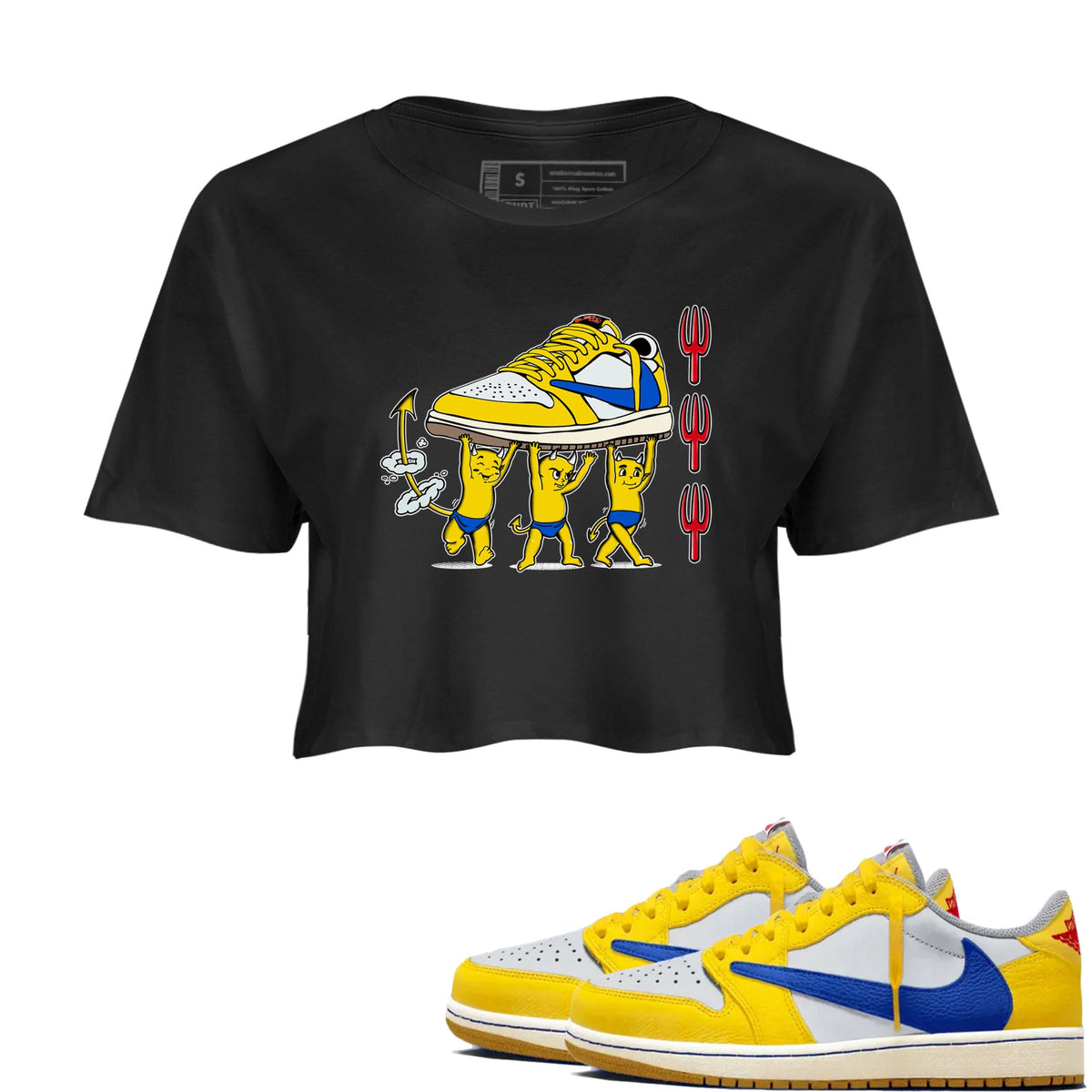 1s Travis Scott Canary shirts to match jordans Devil Babies sneaker match tees Air Jordan 1 Travis Scott Canary Drip Gear Zone unisex cotton Black 1 Crop Shirts