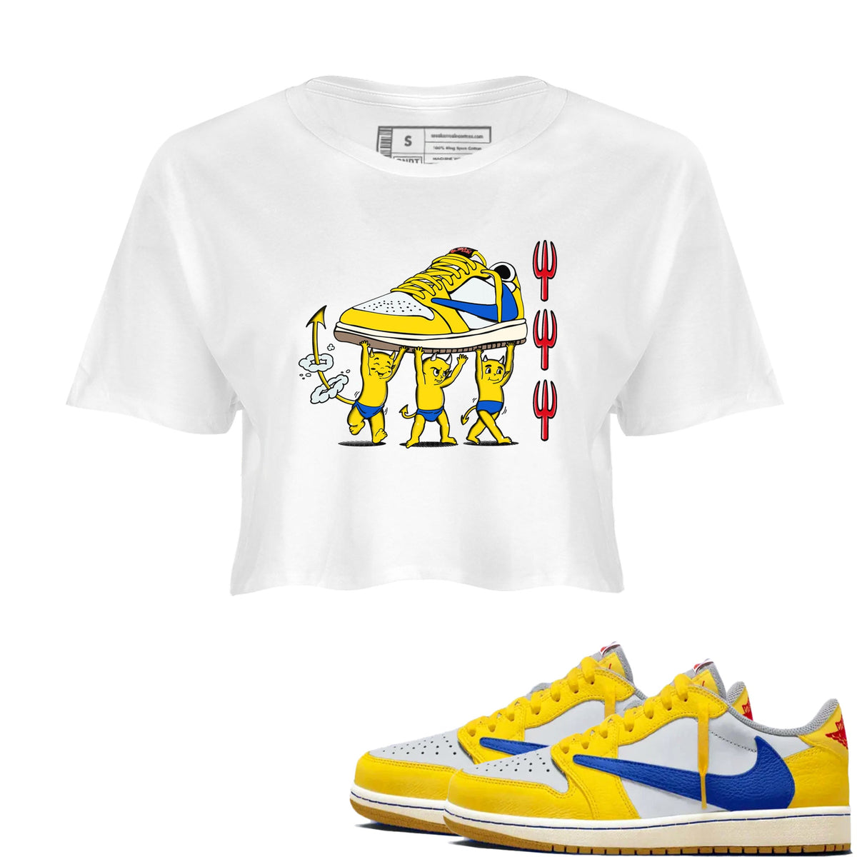 1s Travis Scott Canary shirts to match jordans Devil Babies sneaker match tees Air Jordan 1 Travis Scott Canary Drip Gear Zone unisex cotton White 1 Crop Shirts