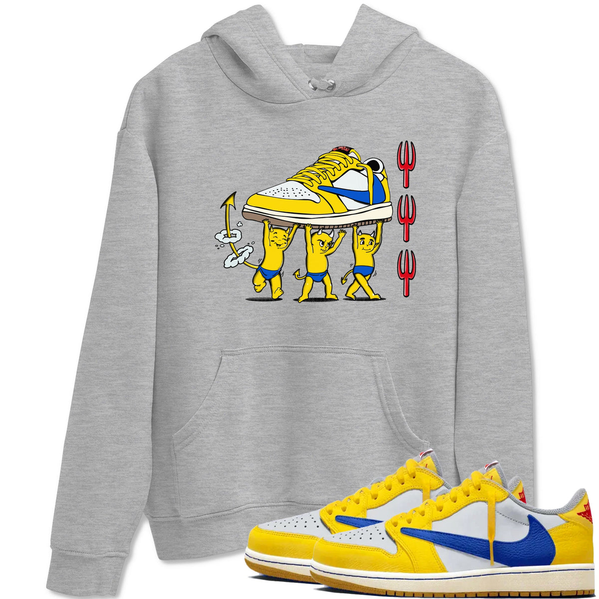 1s Travis Scott Canary shirts to match jordans Devil Babies sneaker match tees Air Jordan 1 Travis Scott Canary Drip Gear Zone unisex cotton Heather Grey 1 crew neck shirts