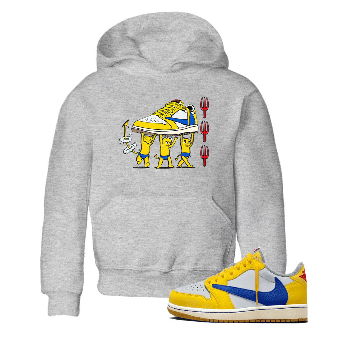 1s Travis Scott Canary shirts to match jordans Devil Babies sneaker match tees Air Jordan 1 Travis Scott Canary Drip Gear Zone Youth Baby Heather Grey 1 crew neck shirts