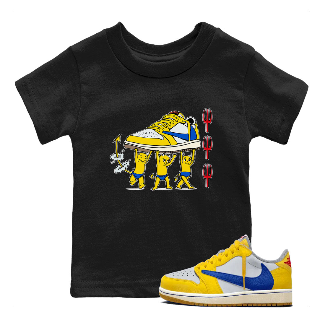1s Travis Scott Canary shirts to match jordans Devil Babies sneaker match tees Air Jordan 1 Travis Scott Canary Drip Gear Zone Youth Baby Black 1 crew neck shirts