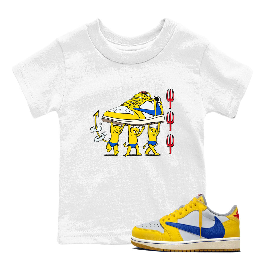 1s Travis Scott Canary shirts to match jordans Devil Babies sneaker match tees Air Jordan 1 Travis Scott Canary Drip Gear Zone Youth Baby White 1 crew neck shirts