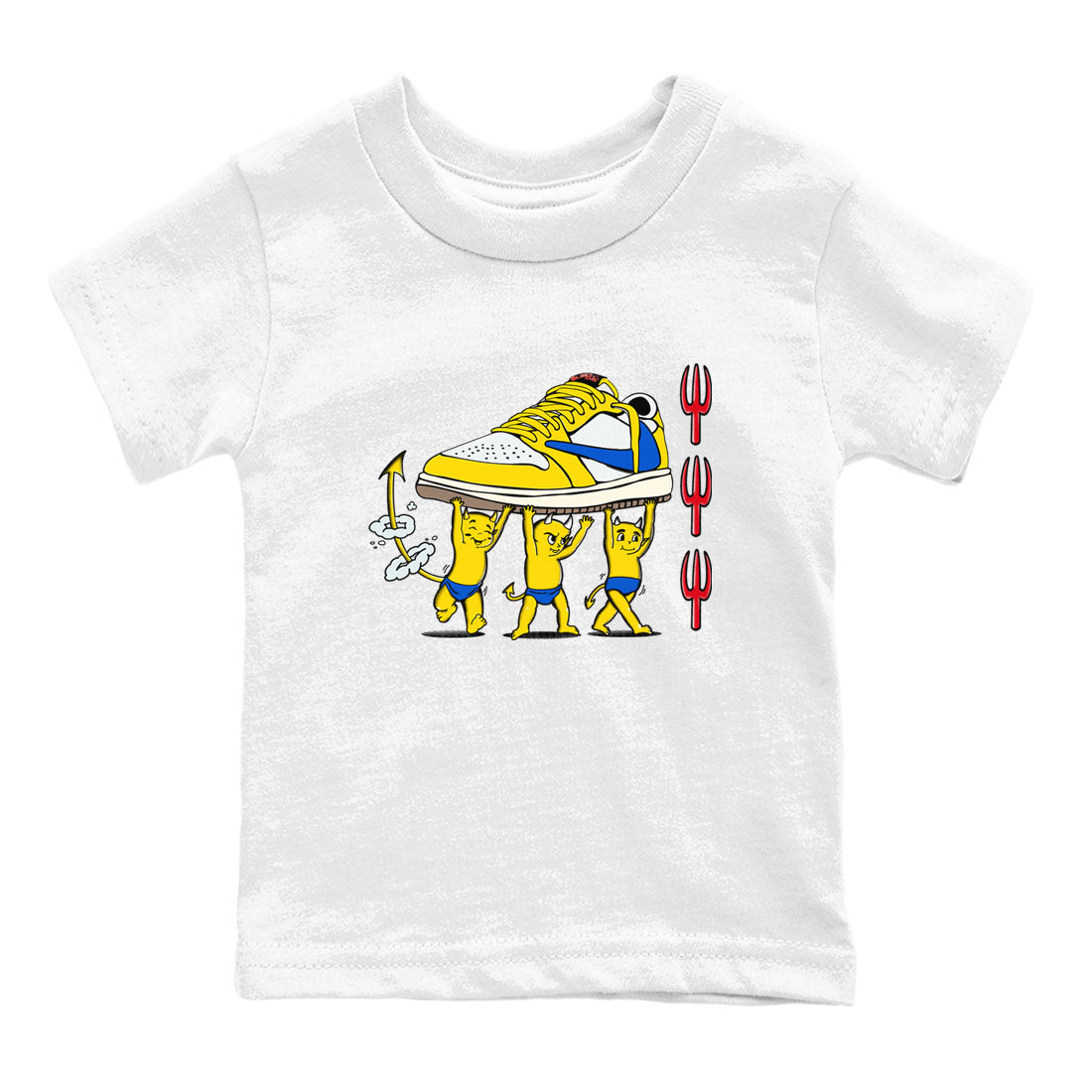 1s Travis Scott Canary shirts to match jordans Devil Babies sneaker match tees Air Jordan 1 Travis Scott Canary Drip Gear Zone Youth Baby White 2 crew neck shirts