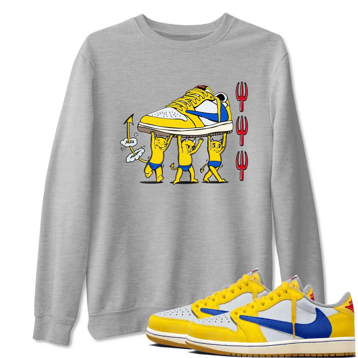 1s Travis Scott Canary shirts to match jordans Devil Babies sneaker match tees Air Jordan 1 Travis Scott Canary Drip Gear Zone unisex cotton Heather Grey 1 crew neck shirts