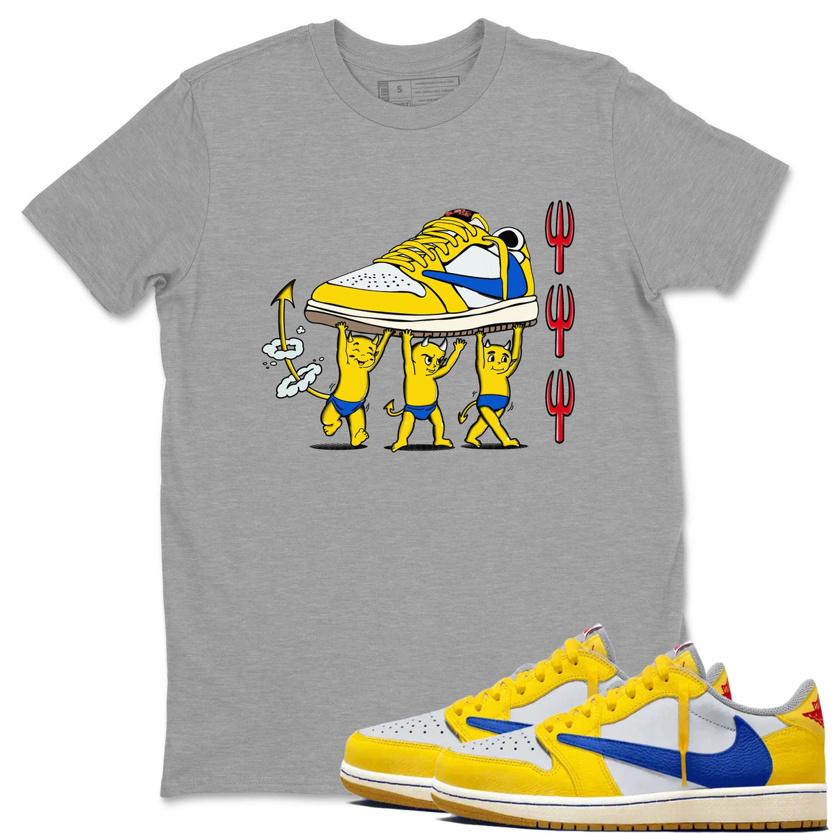 1s Travis Scott Canary shirts to match jordans Devil Babies sneaker match tees Air Jordan 1 Travis Scott Canary Drip Gear Zone unisex cotton Heather Grey 1 crew neck shirts