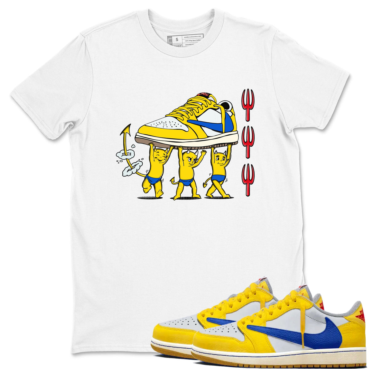 1s Travis Scott Canary shirts to match jordans Devil Babies sneaker match tees Air Jordan 1 Travis Scott Canary Drip Gear Zone unisex cotton White 1 crew neck shirts