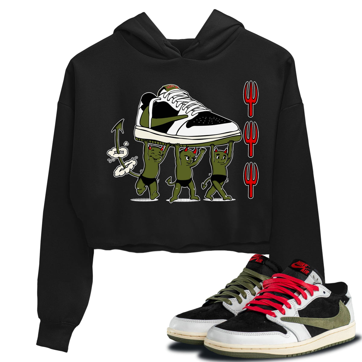 1s Travis Scott Olive shirts to match jordans Devil Babies sneaker match tees Air Jordan 1 Travis Scott Olive Drip Gear Zone unisex cotton Black 1 Crop Shirts