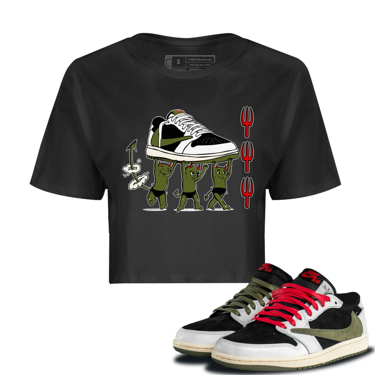 1s Travis Scott Olive shirts to match jordans Devil Babies sneaker match tees Air Jordan 1 Travis Scott Olive Drip Gear Zone unisex cotton Black 1 Crop Shirts