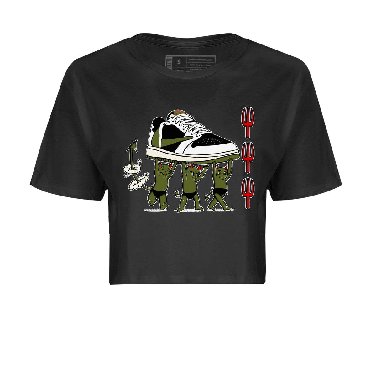 1s Travis Scott Olive shirts to match jordans Devil Babies sneaker match tees Air Jordan 1 Travis Scott Olive Drip Gear Zone unisex cotton Black 2 Crop Shirts