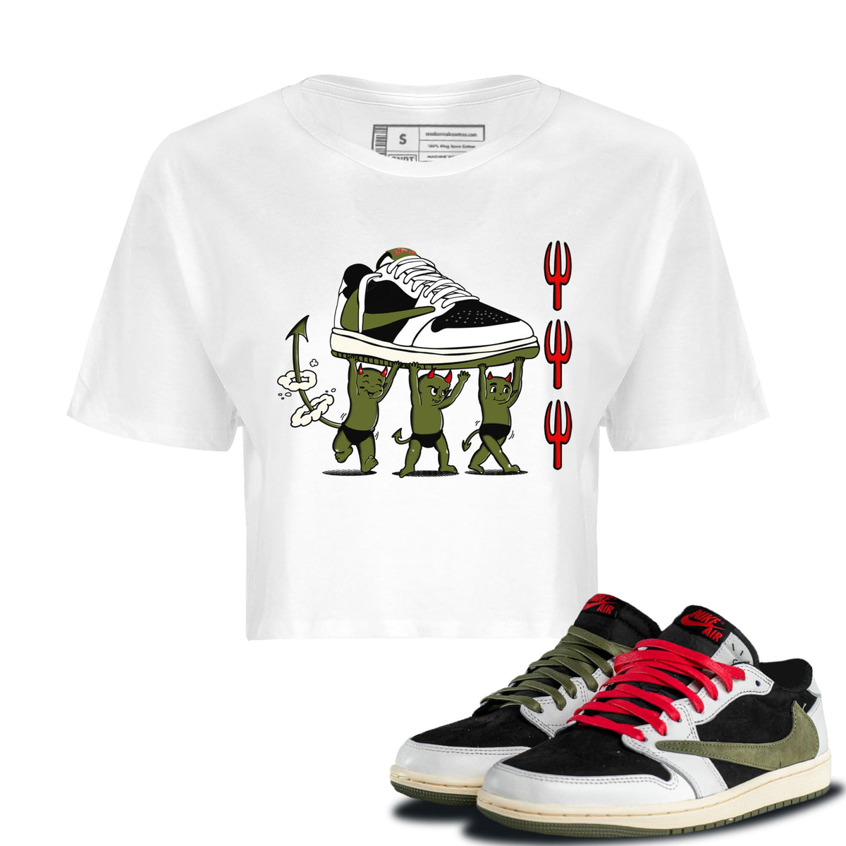1s Travis Scott Olive shirts to match jordans Devil Babies sneaker match tees Air Jordan 1 Travis Scott Olive Drip Gear Zone unisex cotton White 1 Crop Shirts