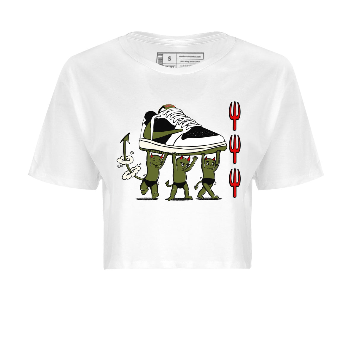 1s Travis Scott Olive shirts to match jordans Devil Babies sneaker match tees Air Jordan 1 Travis Scott Olive Drip Gear Zone unisex cotton White 2 Crop Shirts