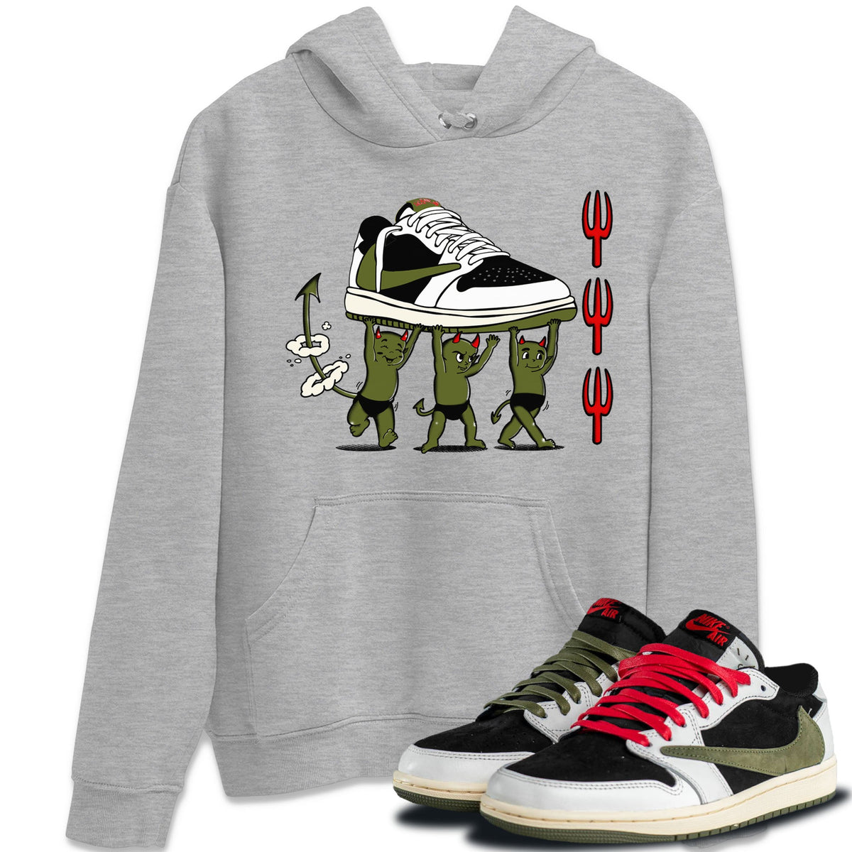 1s Travis Scott Olive shirts to match jordans Devil Babies sneaker match tees Air Jordan 1 Travis Scott Olive Drip Gear Zone unisex cotton Heather Grey 1 crew neck shirts