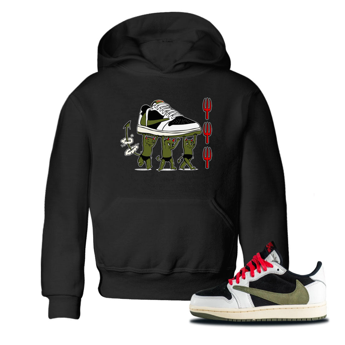 1s Travis Scott Olive shirts to match jordans Devil Babies sneaker match tees Air Jordan 1 Travis Scott Olive Drip Gear Zone Youth Baby Black 1 crew neck shirts