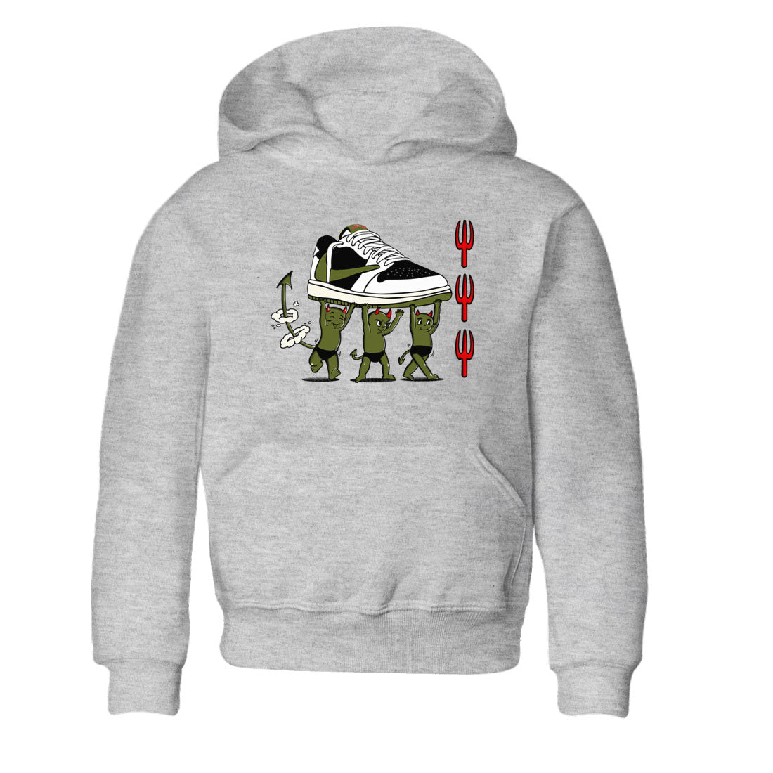 1s Travis Scott Olive shirts to match jordans Devil Babies sneaker match tees Air Jordan 1 Travis Scott Olive Drip Gear Zone Youth Baby Heather Grey 2 crew neck shirts