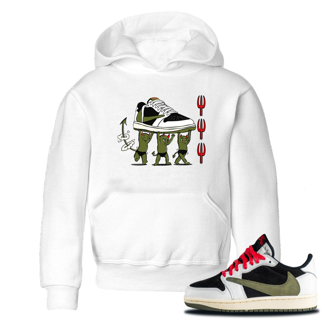 1s Travis Scott Olive shirts to match jordans Devil Babies sneaker match tees Air Jordan 1 Travis Scott Olive Drip Gear Zone Youth Baby White 1 crew neck shirts