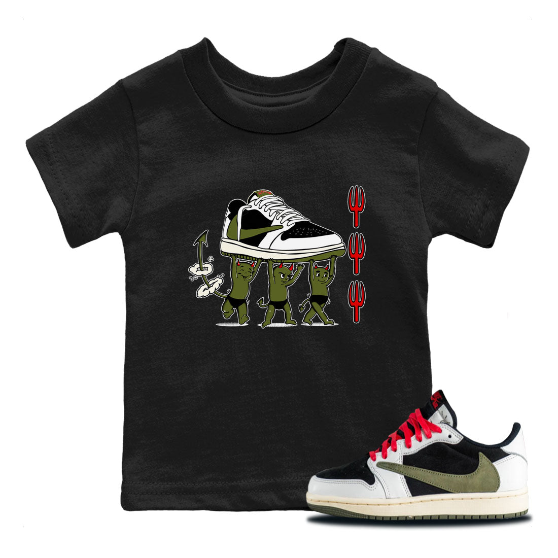 1s Travis Scott Olive shirts to match jordans Devil Babies sneaker match tees Air Jordan 1 Travis Scott Olive Drip Gear Zone Youth Baby Black 1 crew neck shirts