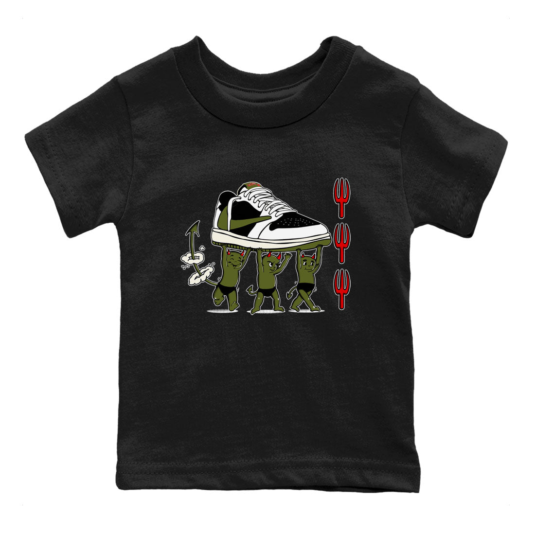1s Travis Scott Olive shirts to match jordans Devil Babies sneaker match tees Air Jordan 1 Travis Scott Olive Drip Gear Zone Youth Baby Black 2 crew neck shirts