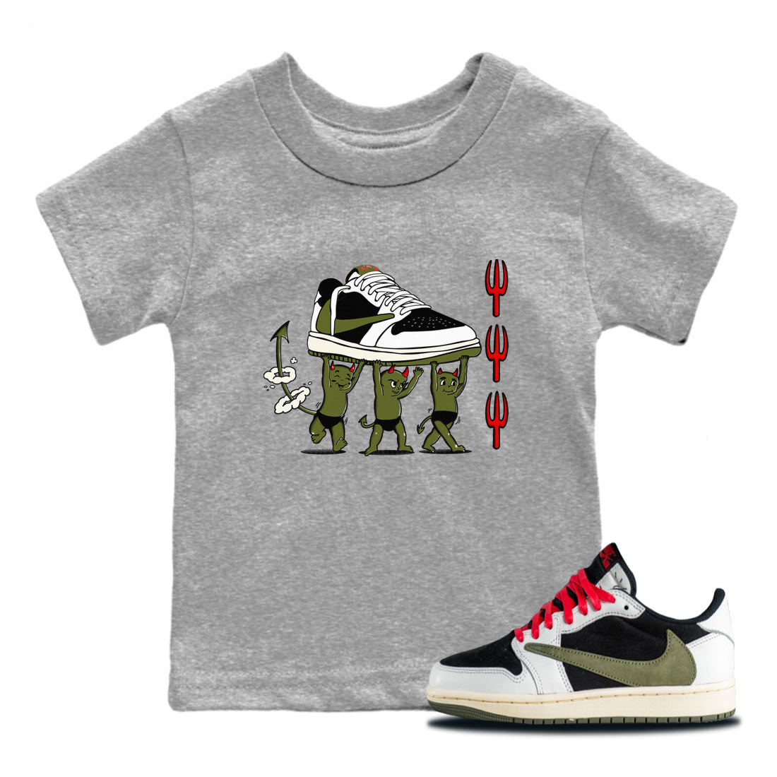 1s Travis Scott Olive shirts to match jordans Devil Babies sneaker match tees Air Jordan 1 Travis Scott Olive Drip Gear Zone Youth Baby Heather Grey 1 crew neck shirts
