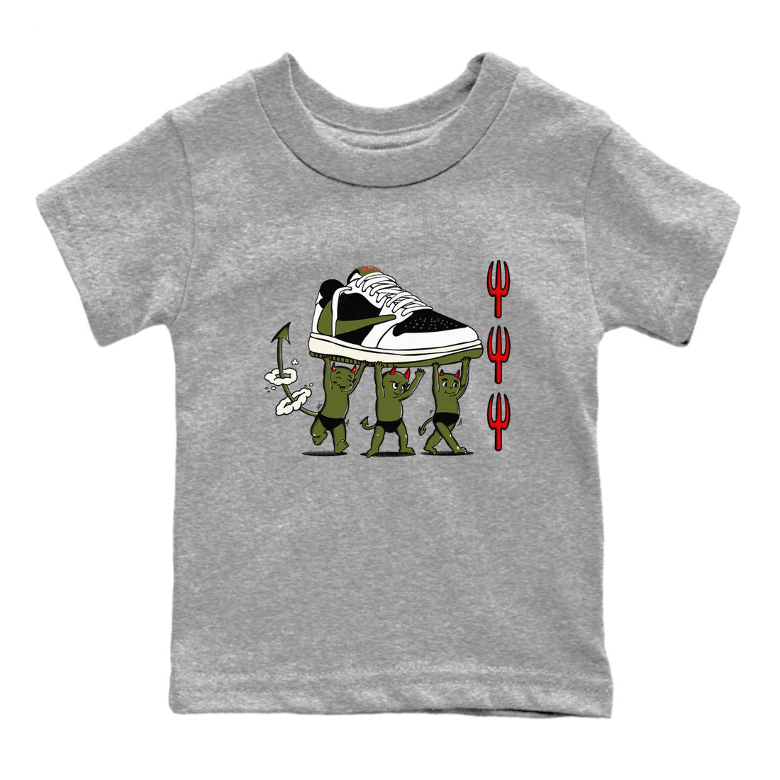 1s Travis Scott Olive shirts to match jordans Devil Babies sneaker match tees Air Jordan 1 Travis Scott Olive Drip Gear Zone Youth Baby Heather Grey 2 crew neck shirts