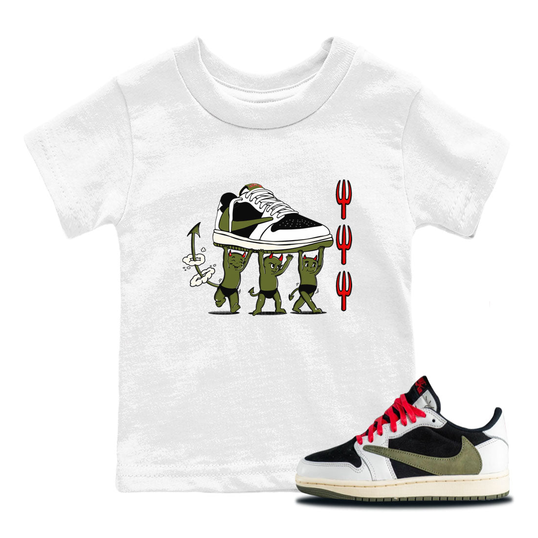 1s Travis Scott Olive shirts to match jordans Devil Babies sneaker match tees Air Jordan 1 Travis Scott Olive Drip Gear Zone Youth Baby White 1 crew neck shirts