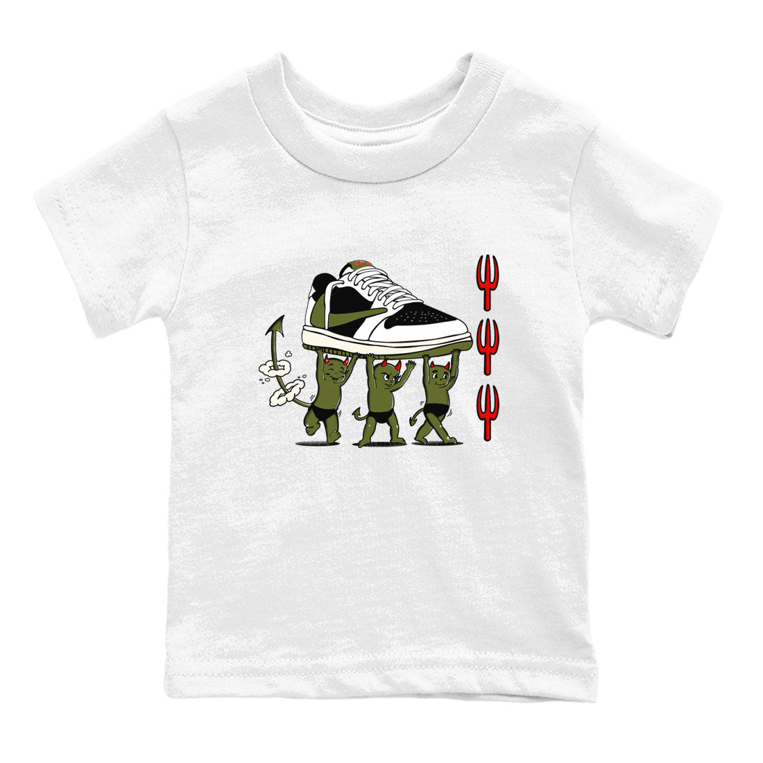 1s Travis Scott Olive shirts to match jordans Devil Babies sneaker match tees Air Jordan 1 Travis Scott Olive Drip Gear Zone Youth Baby White 2 crew neck shirts