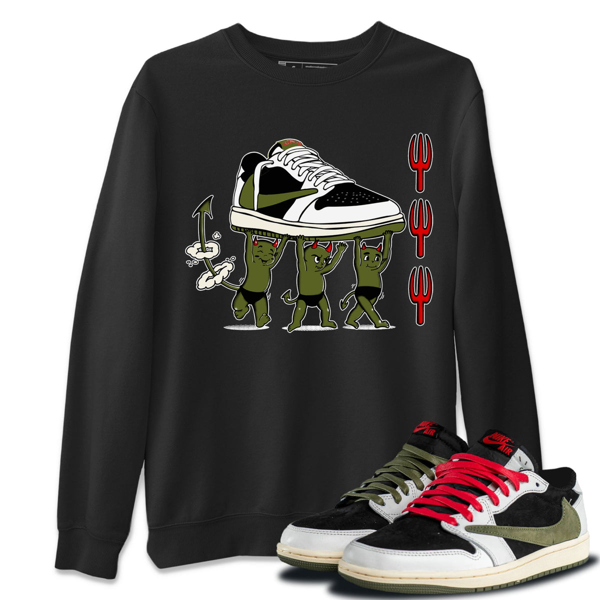 1s Travis Scott Olive shirts to match jordans Devil Babies sneaker match tees Air Jordan 1 Travis Scott Olive Drip Gear Zone unisex cotton Black 1 crew neck shirts