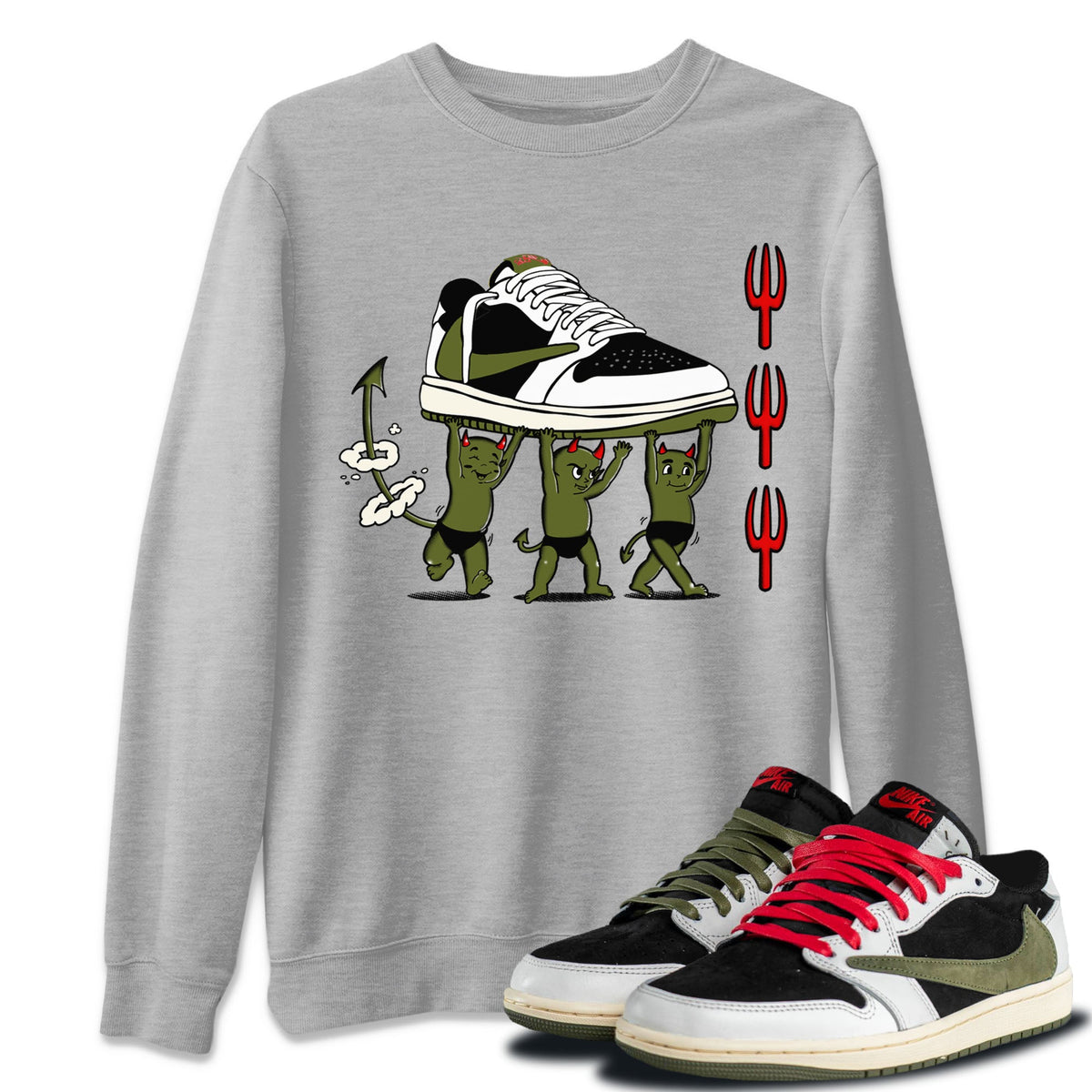 1s Travis Scott Olive shirts to match jordans Devil Babies sneaker match tees Air Jordan 1 Travis Scott Olive Drip Gear Zone unisex cotton Heather Grey 1 crew neck shirts