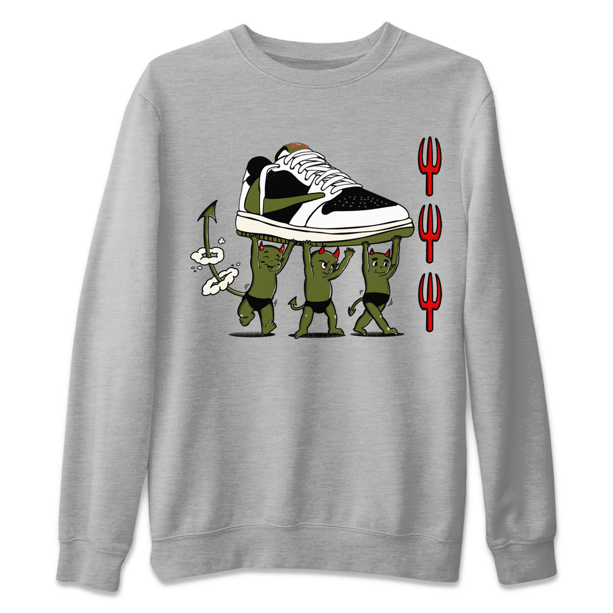 1s Travis Scott Olive shirts to match jordans Devil Babies sneaker match tees Air Jordan 1 Travis Scott Olive Drip Gear Zone unisex cotton Heather Grey 2 crew neck shirts