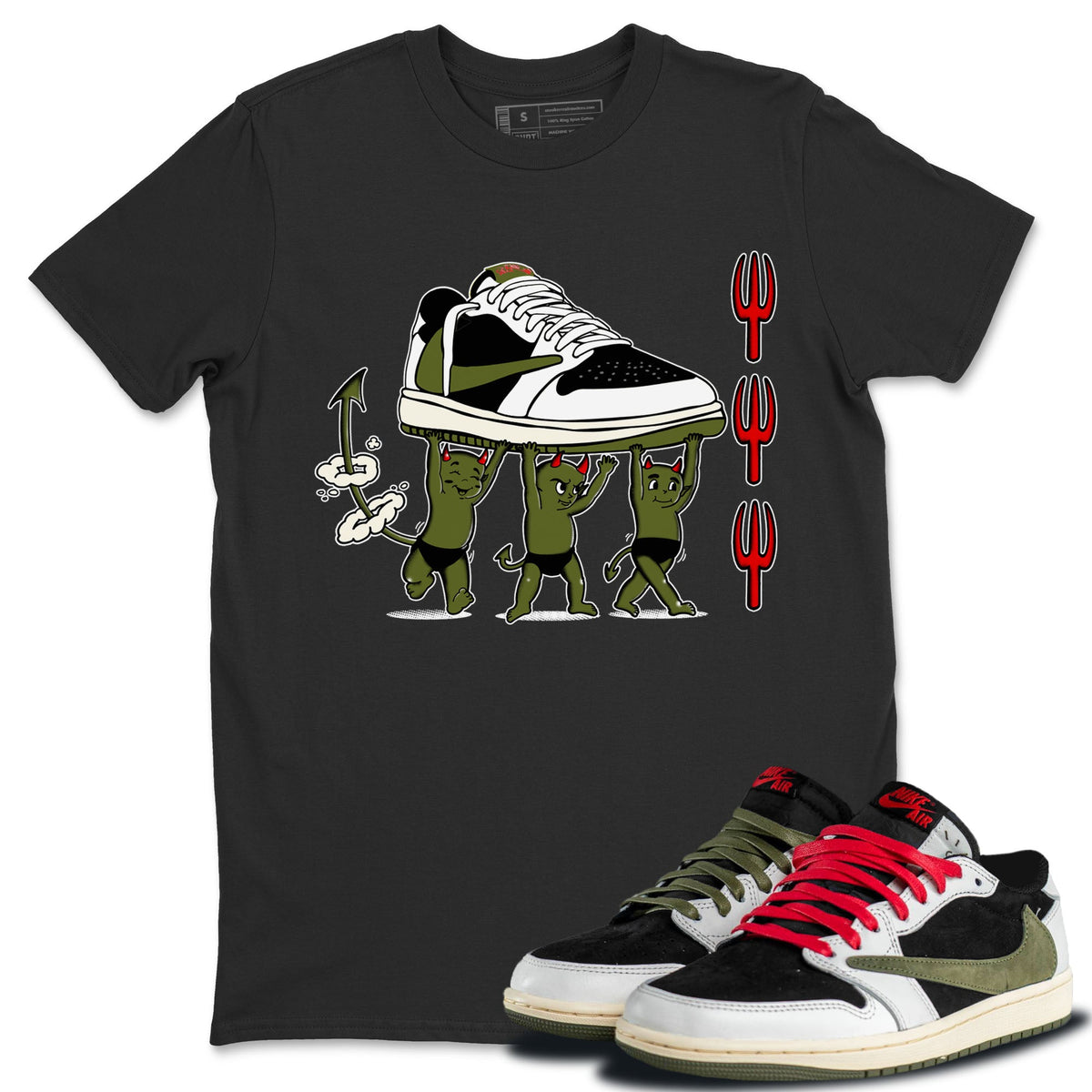 1s Travis Scott Olive shirts to match jordans Devil Babies sneaker match tees Air Jordan 1 Travis Scott Olive Drip Gear Zone unisex cotton Black 1 crew neck shirts