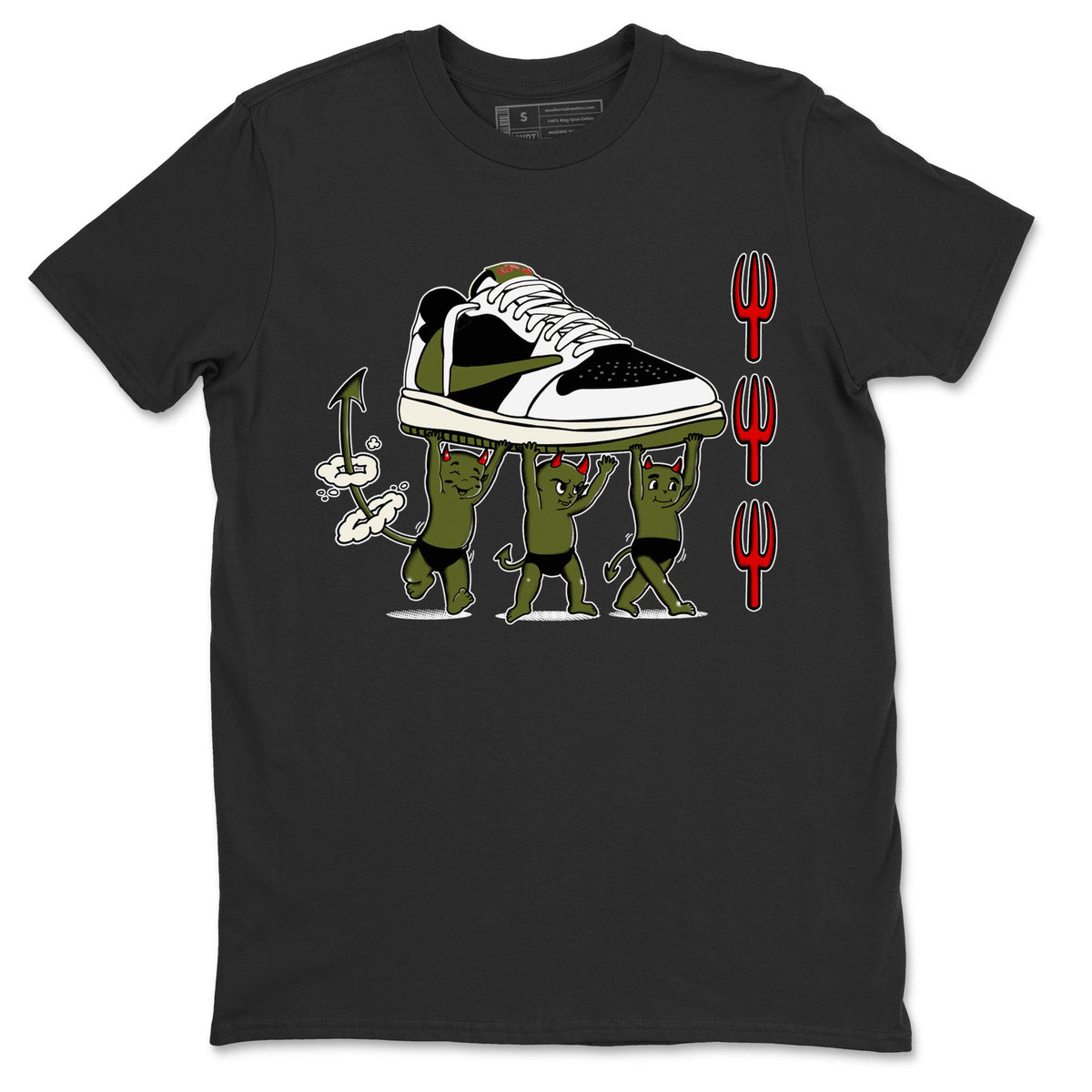 1s Travis Scott Olive shirts to match jordans Devil Babies sneaker match tees Air Jordan 1 Travis Scott Olive Drip Gear Zone unisex cotton Black 2 crew neck shirts