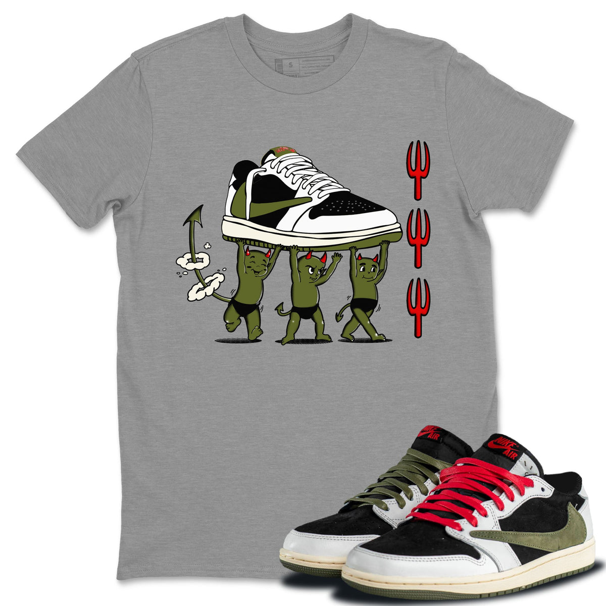 1s Travis Scott Olive shirts to match jordans Devil Babies sneaker match tees Air Jordan 1 Travis Scott Olive Drip Gear Zone unisex cotton Heather Grey 1 crew neck shirts
