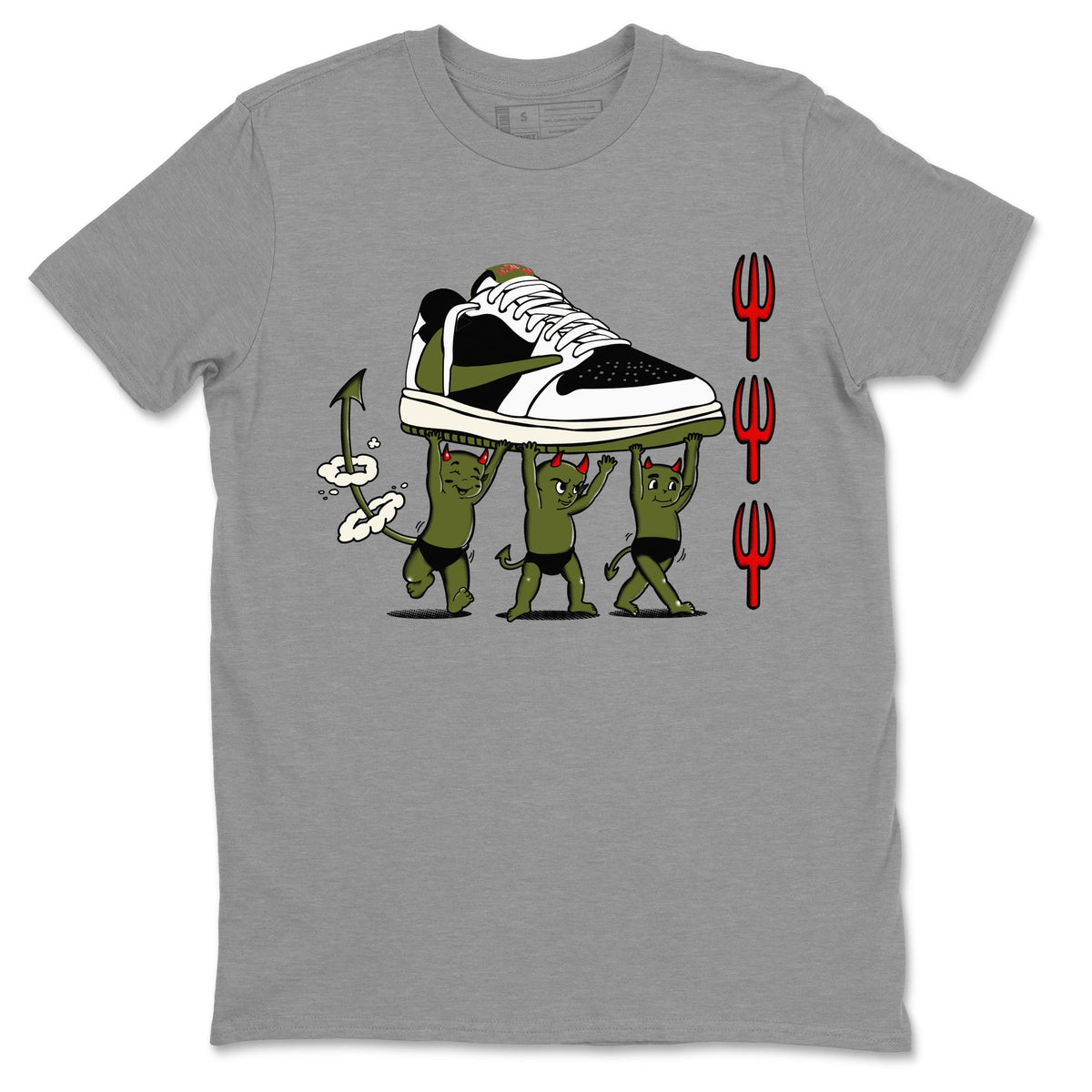 1s Travis Scott Olive shirts to match jordans Devil Babies sneaker match tees Air Jordan 1 Travis Scott Olive Drip Gear Zone unisex cotton Heather Grey 2 crew neck shirts