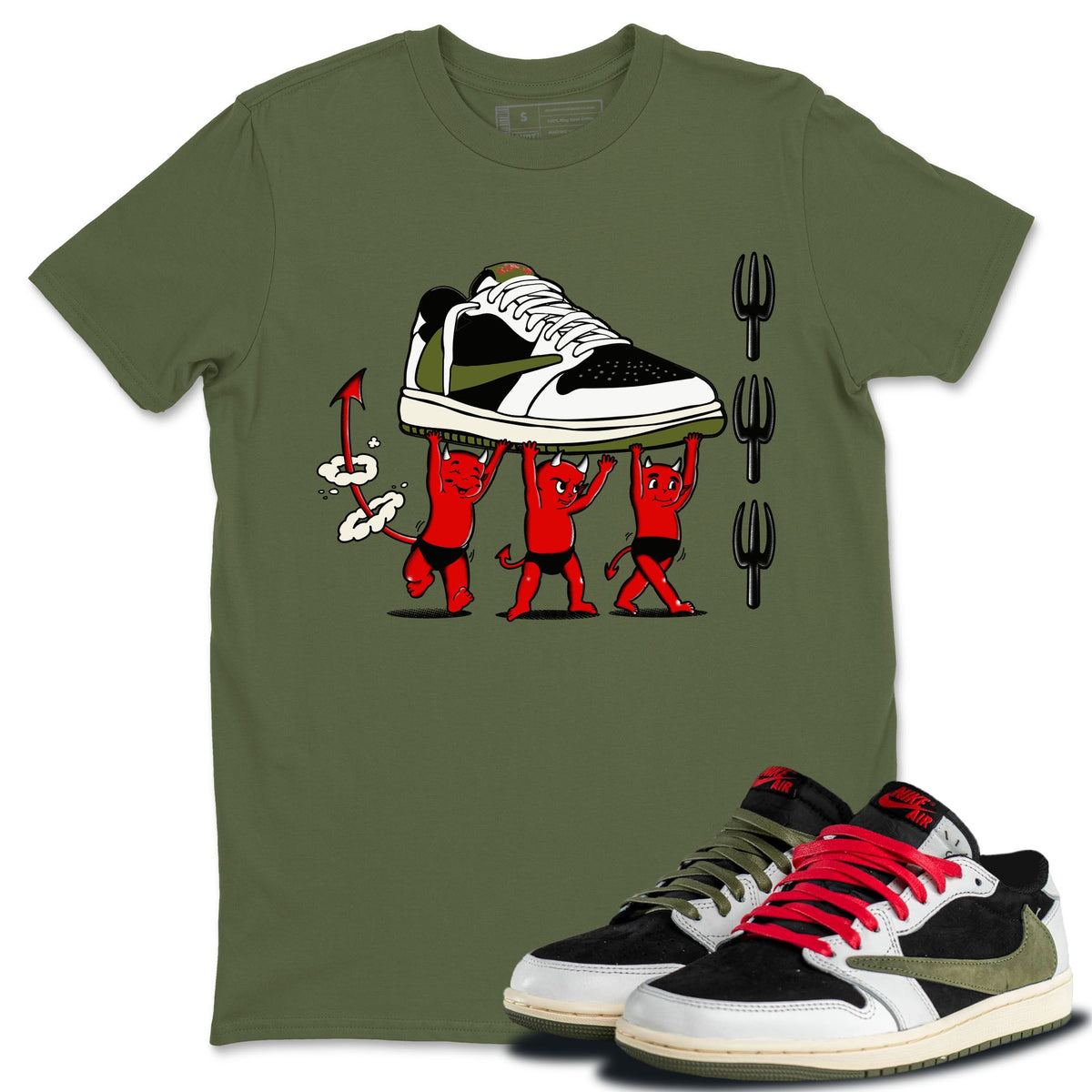 1s Travis Scott Olive shirts to match jordans Devil Babies sneaker match tees Air Jordan 1 Travis Scott Olive Drip Gear Zone unisex cotton Military Green 1 crew neck shirts