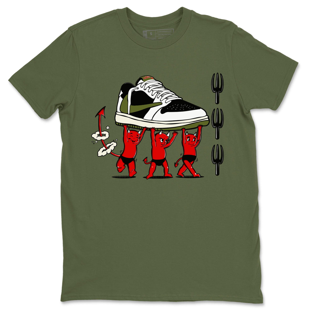 1s Travis Scott Olive shirts to match jordans Devil Babies sneaker match tees Air Jordan 1 Travis Scott Olive Drip Gear Zone unisex cotton Military Green 2 crew neck shirts