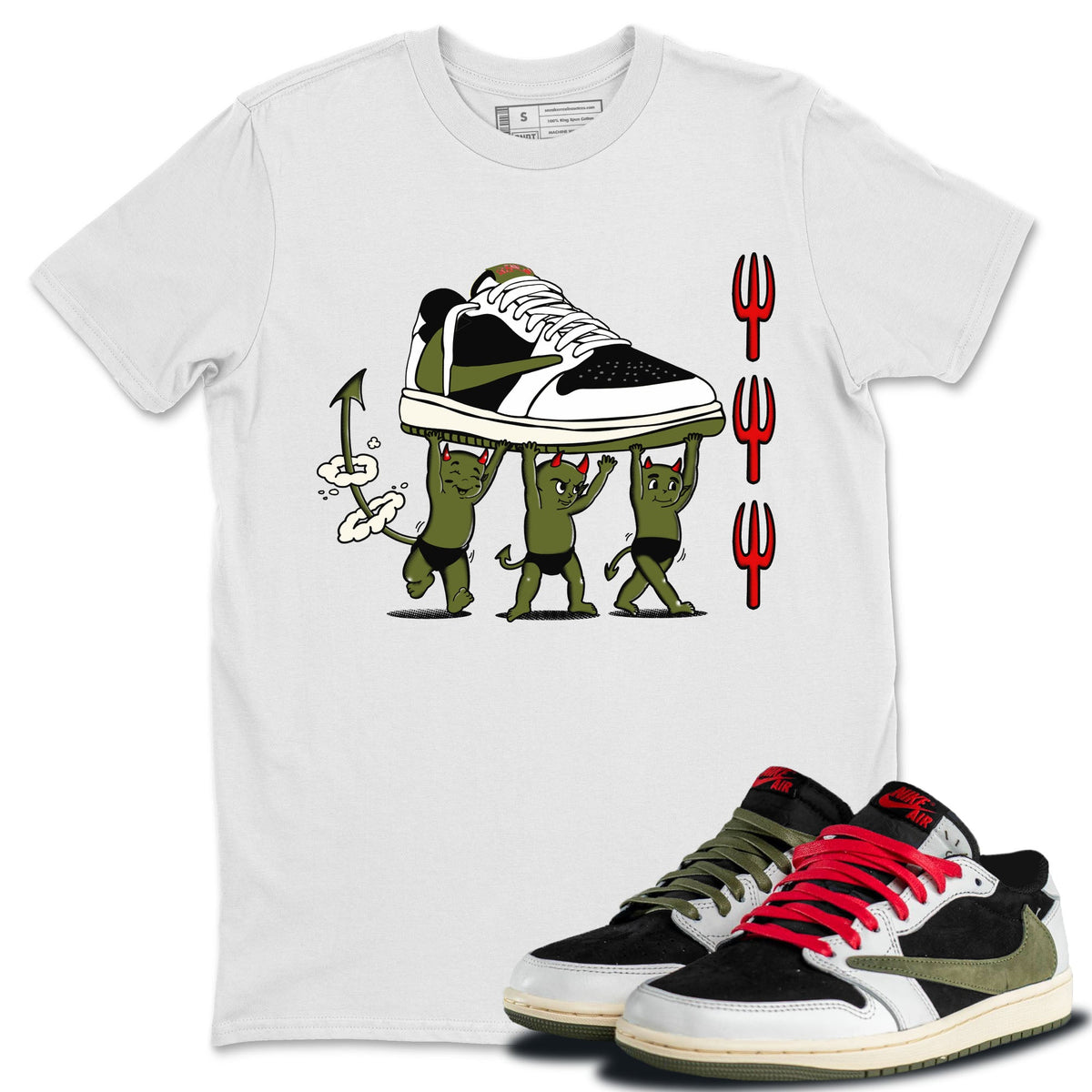 1s Travis Scott Olive shirts to match jordans Devil Babies sneaker match tees Air Jordan 1 Travis Scott Olive Drip Gear Zone unisex cotton White 1 crew neck shirts