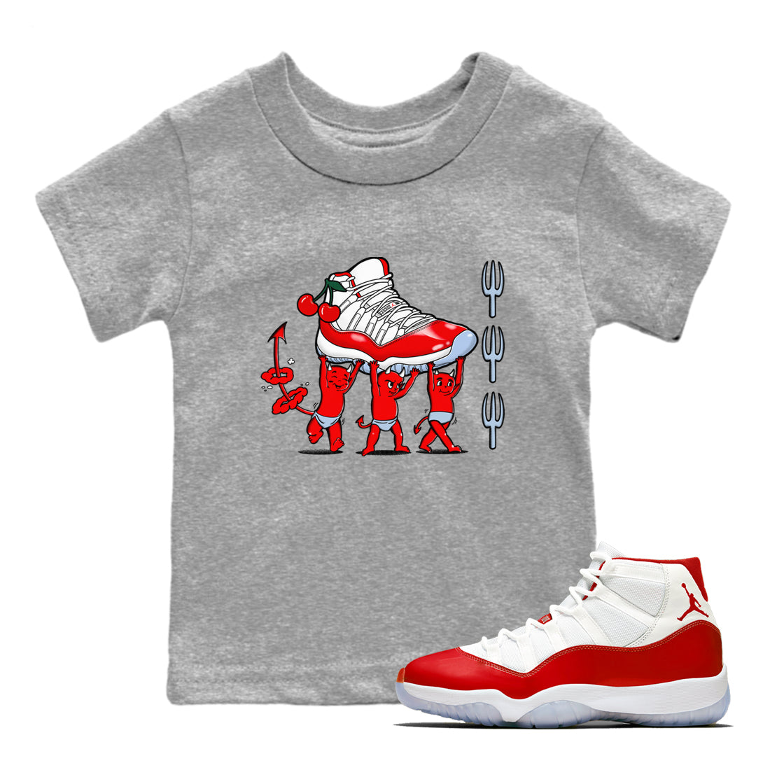 11s Cherry shirts to match jordans Devil Babies sneaker match tees Air Jordan 11 Retro Cherry match shoes to clothes Drip Gear Zone Youth Baby Heather Grey 1 tee