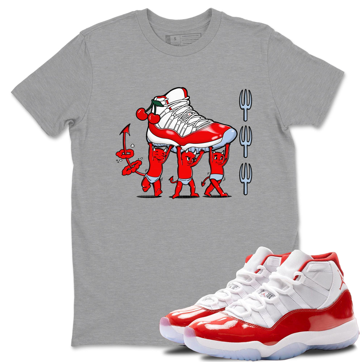 11s Cherry shirts to match jordans Devil Babies sneaker match tees Air Jordan 11 Retro Cherry match shoes to clothes Drip Gear Zone unisex cotton Heather Grey 1 shirts