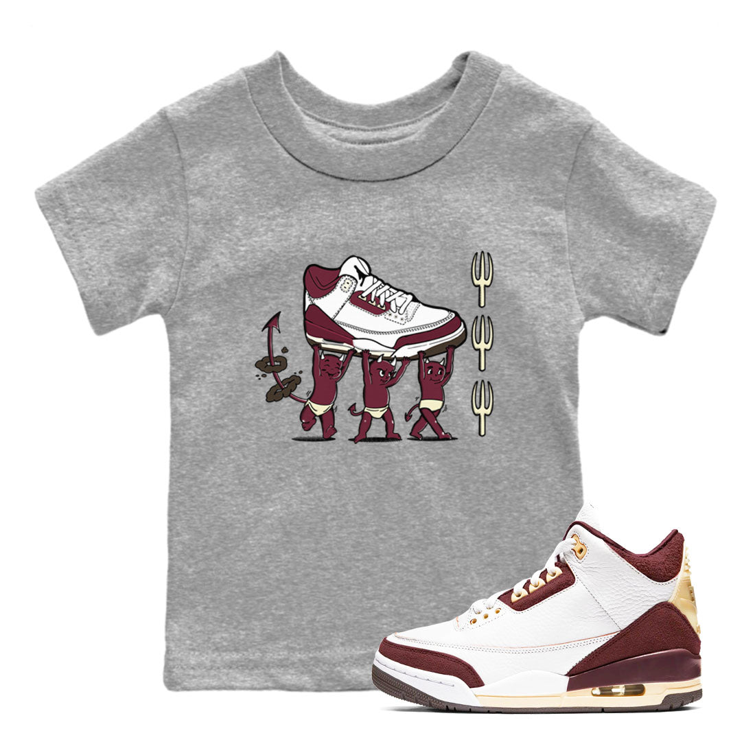 Air Jordan 3 A Ma Maniere Burgundy Crush shirts to match jordans Devil Babies sneaker match tees Air Jordan 3 A Ma Maniere x Burgundy Crush Drip Gear Zone Youth Baby Heather Grey 1 crew neck shirts