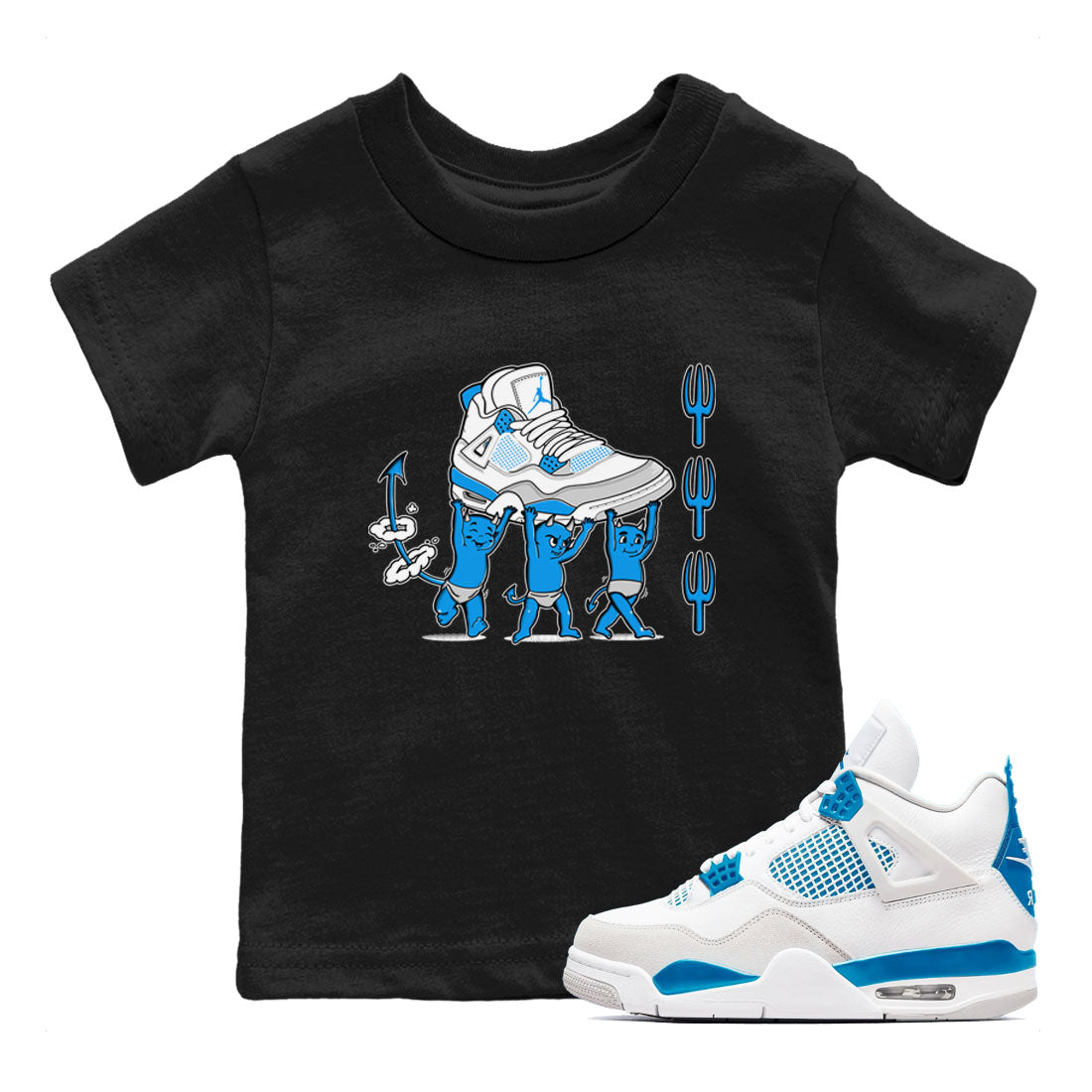 4s Military Blue shirts to match jordans Devil Babies sneaker match tees Air Jordan 4 Military Blue Drip Gear Zone Youth Baby Black 1 crew neck shirts
