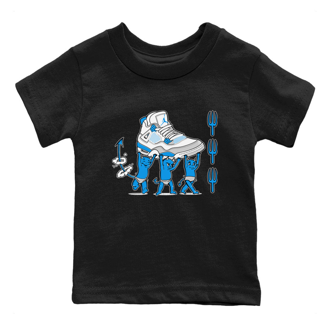 4s Military Blue shirts to match jordans Devil Babies sneaker match tees Air Jordan 4 Military Blue Drip Gear Zone Youth Baby Black 2 crew neck shirts