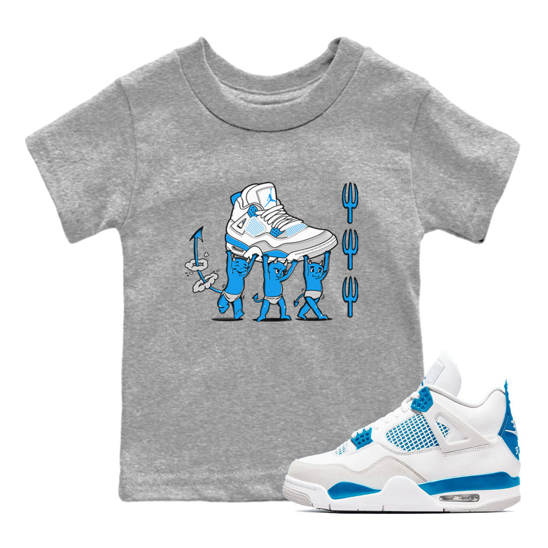 4s Military Blue shirts to match jordans Devil Babies sneaker match tees Air Jordan 4 Military Blue Drip Gear Zone Youth Baby Heather Grey 1 crew neck shirts