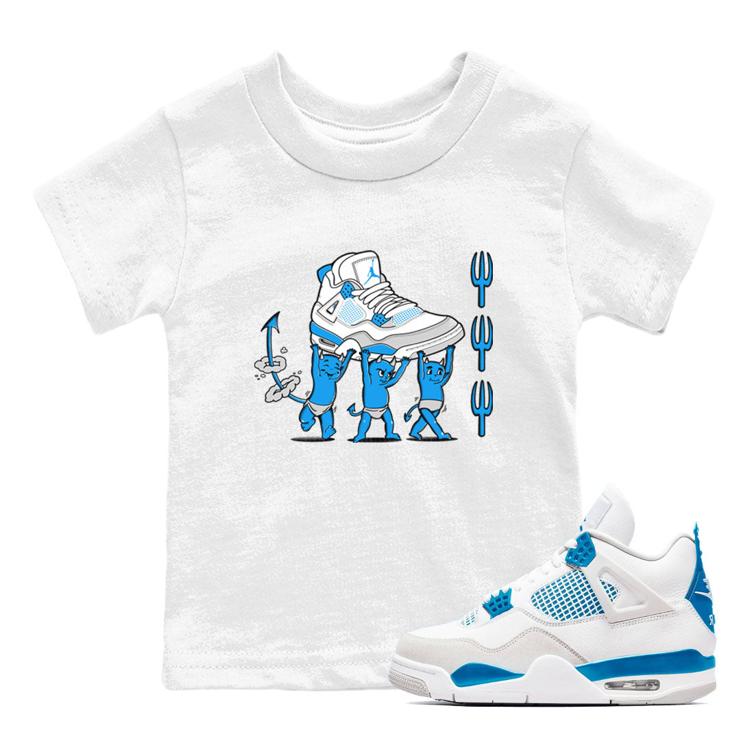 4s Military Blue shirts to match jordans Devil Babies sneaker match tees Air Jordan 4 Military Blue Drip Gear Zone Youth Baby White 1 crew neck shirts