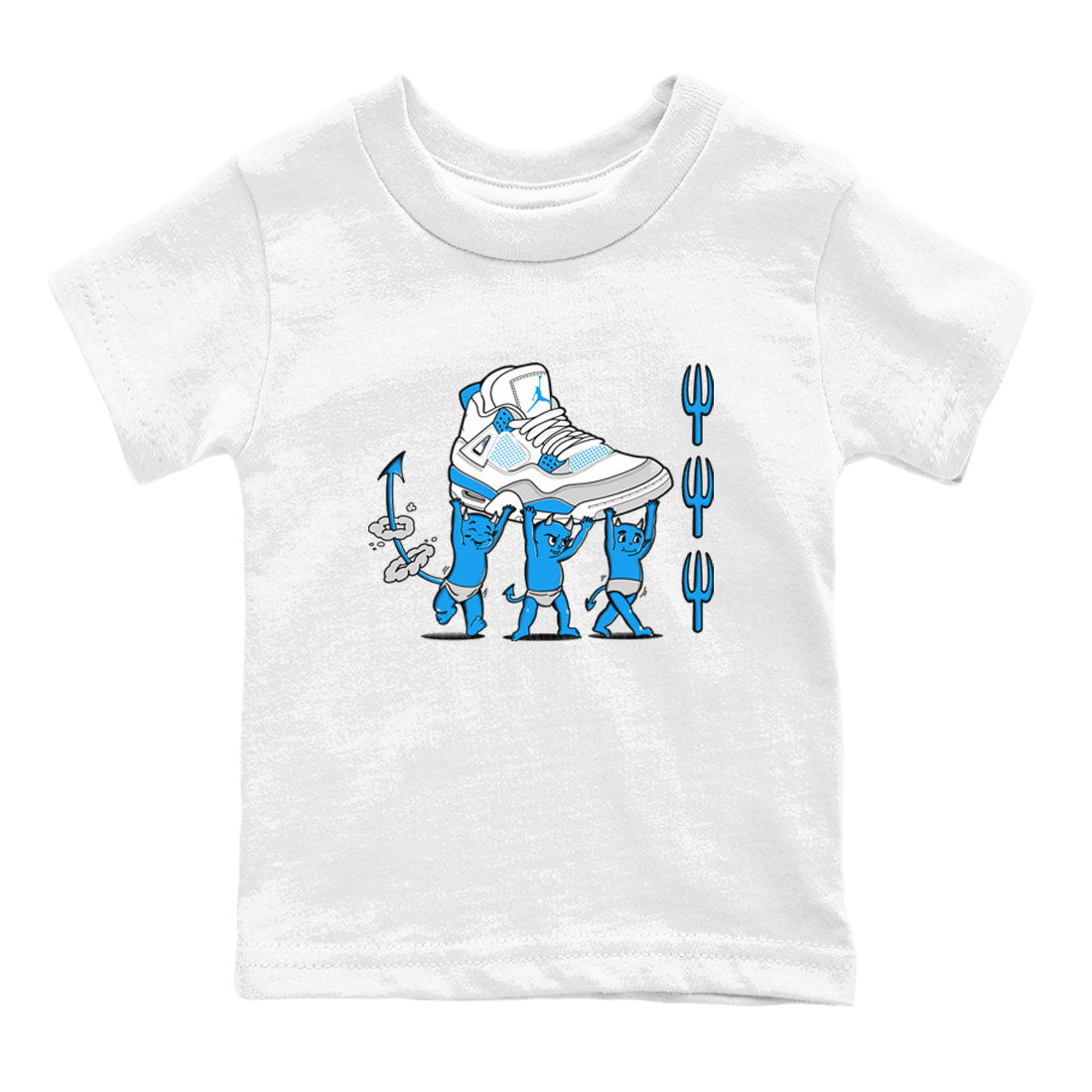 4s Military Blue shirts to match jordans Devil Babies sneaker match tees Air Jordan 4 Military Blue Drip Gear Zone Youth Baby White 2 crew neck shirts