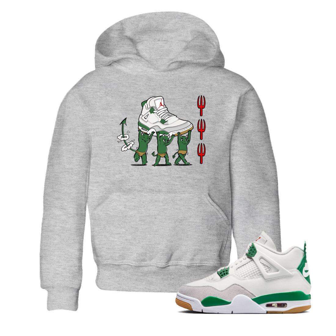 4s Pine Green shirts to match jordans Devil Babies sneaker match tees Air Jordan 4 Pine Green Drip Gear Zone Youth Baby Heather Grey 1 crew neck shirts