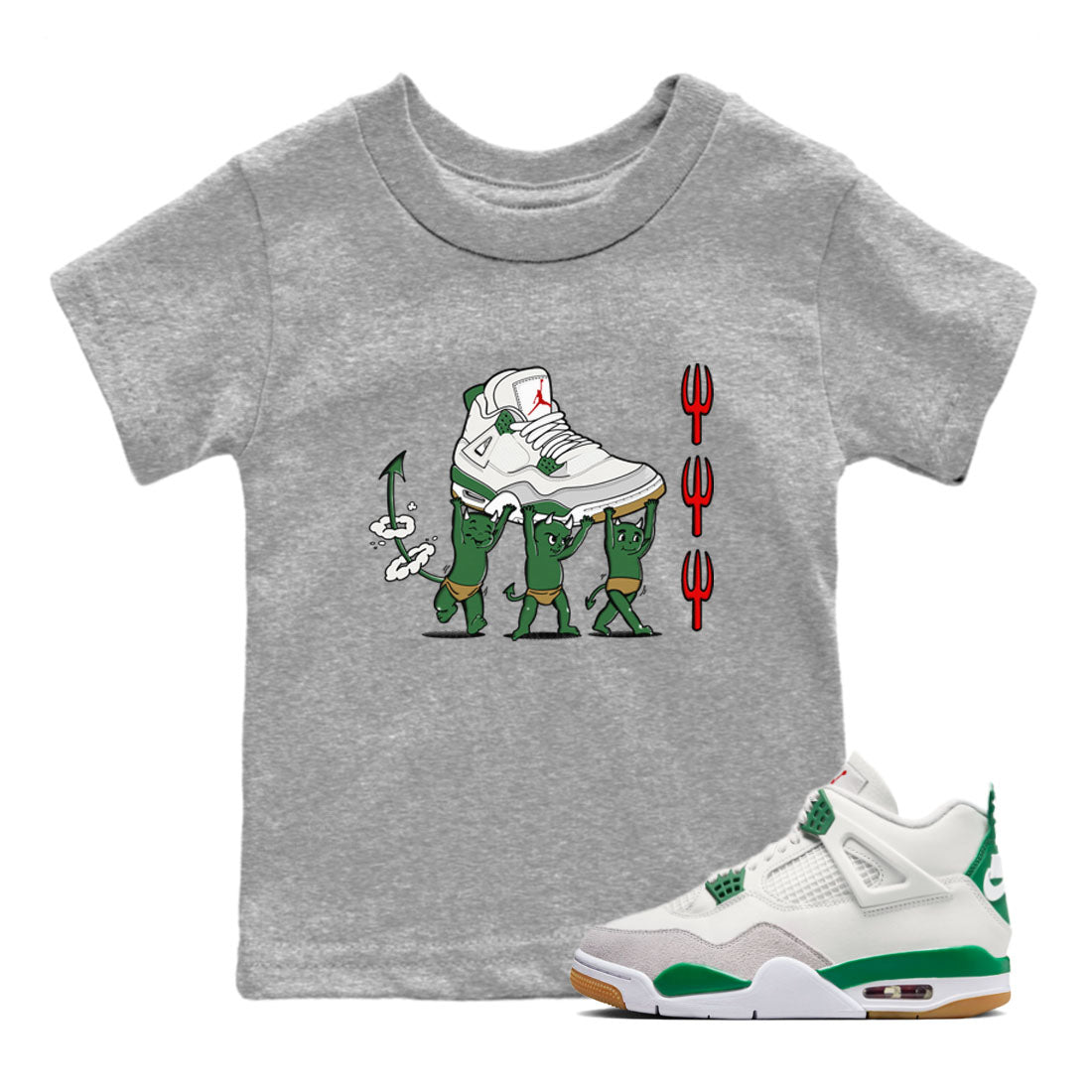 4s Pine Green shirts to match jordans Devil Babies sneaker match tees Air Jordan 4 Pine Green Drip Gear Zone Youth Baby Heather Grey 1 crew neck shirts